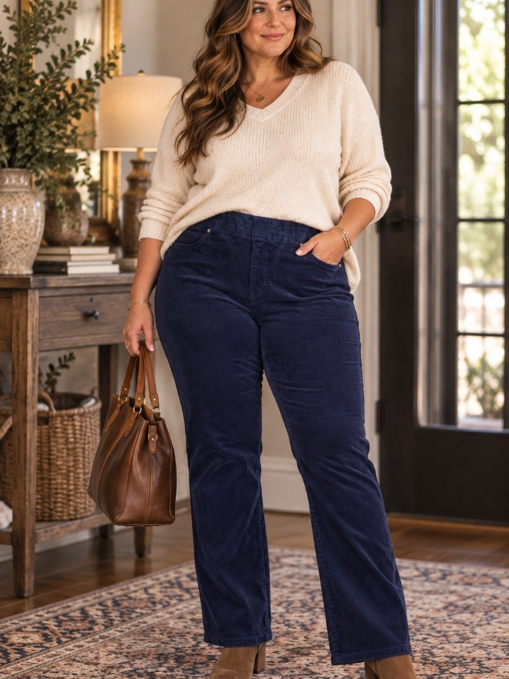 Coldwater Creek Navy Micro Corduroy Straight-Leg Pull On Pants Stretch 18W